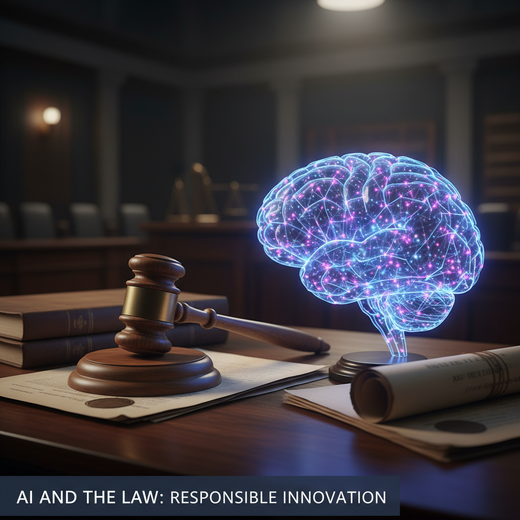 AI 모델의 법적 책임과 규제를 상징하는 법봉과 AI 뇌 모형이 놓인 책상 이미지