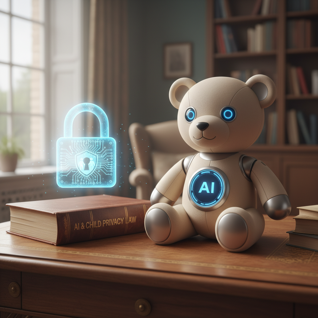AI 장난감 규제와 개인정보 보호를 상징하는 스마트 곰인형과 법전 그리고 자물쇠 홀로그램 이미지